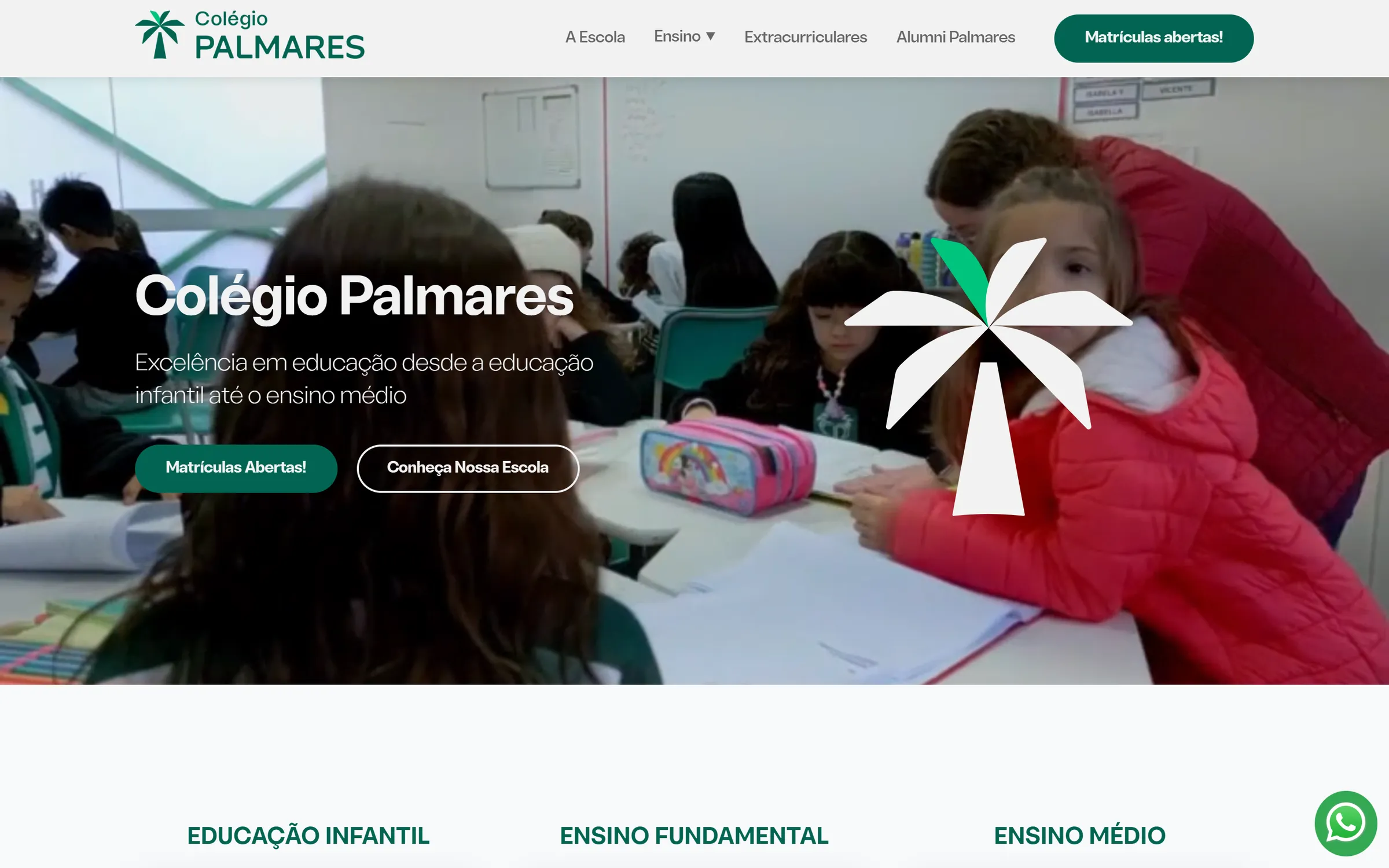 Página inicial do site Colégio Palmares